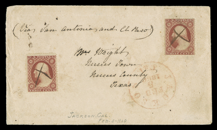 Via San Antonio and El Paso, manuscript directive to Nueces, Texas, with red Jackson, Cal.Feb 5, 1860 datestamp and two 3c Dull red (26), for double rate under 3,000, miles
cancelled my manuscript X, this cover was carried in the late Stage