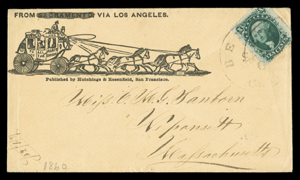 From Sacramento Via Los Angeles, printed directive with the word Sacramento redacted, on six-horse stage coach illustrated cover published by Hutchings & Rosenfield, San
Francisco used to Neponsett, Mass. with 10c Green, Ty. V (35) affixed wit