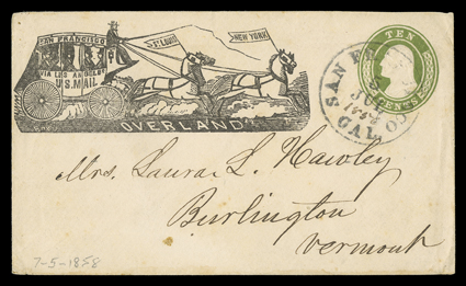 Overland, San Francisco via Los Angeles, U.S. Mail, directive in handsome four-horse stage coach illustrated 10c Pale Green entire (U17a) to Burlington, Vermont with San
Francisco, Cal.5 Jul datestamp with manuscript 1858 year, very fine a
