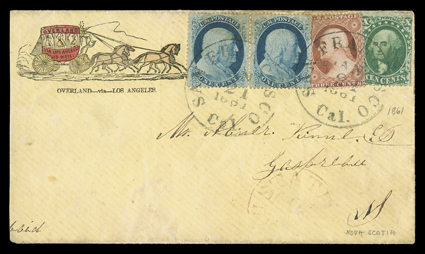Overland via Los Angeles, printed directive on hand-colored four-horse stage coach illustrated cover to Gaspreville, Nova Scotia with horizontal pair 1c Blue, Ty. V, 3c Dull
red and 10c Green, Ty. V (24, 26, 35, small faults) tied by twice s