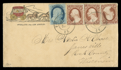 Overland via Los Angeles, printed directive on hand-colored four-horse stage coach illustrated cover to Janesville, Wisconsin with 1c Blue, Ty. V (24) and three 3c Dull red
(26, one fault from placement at cover edge) tied by twice struck doubl