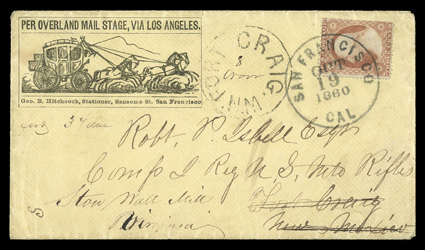 Per Overland Mail Stage, Via Los Angeles, printed directive on four-horse stage coach illustrated cover published by Geo. B. Hitchcock, San Francisco, carried by Butterfield
Overland Mail on the southern route to Fort Craig, New Mexico with 3c Du