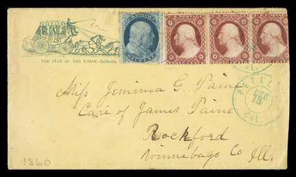 Overland Via Los Angeles, U.S. Mail, integral directive in four-horse stage coach illustrated cover to Rockford, Illinois with 1c Blue, Ty. V (24, pre-use crease) and
horizontal strip of three 3c Dull red (26) tied by two strikes of blue double