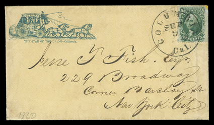 Overland Via Los Angeles, U.S. Mail, printed directive in four-horse stage coach illustrated cover published by The Star of the Union carried by Butterfield Overland Mail to
New York City with 10c Green, Ty. V (35, crease and top right corner mi