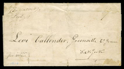[Battle of Chippewa] July 5, 1814 folded letter with integral address leaf to Greene, New York with manuscript Buffalo N.Y.July 11 postmark and 17 rate, very fine.The sender, H.
Callender, writes under the dateline Buffalo July 10th 1814: