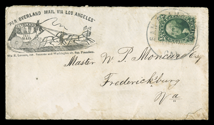 Per Overland Mail Via Los Angeles, printed directive on two-horse stage coach illustrated cover published by W. E. Loomis, San Francisco to Fredericksburg, Virginia with 10c
Green, Ty. V (35, straight edge at right) tied by San Francisco, CalA