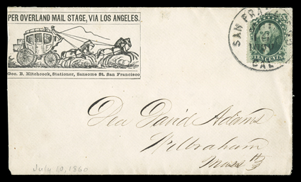 Per Overland Mail Stage, Via Los Angeles, printed directive on four-horse stage coach illustrated cover published by Geo. B. Hutchings, San Francisco to Pelbraham, Mass. with
10c Green, Ty. V (35, top left corner torn off prior to use) tied by 