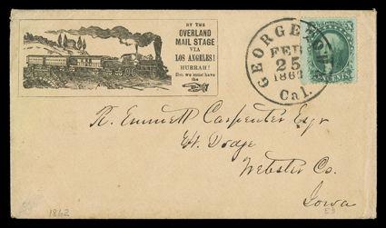 By the Overland Mail Stage via Los Angeles! Hurrah! But we must have the (pointing hand) train, illustrated overland railroad propaganda design cover to Fort Dodge, Iowa with
10c Green, Ty. V (35) tied by bold Georgetown, Cal.Feb 25, 1862 dat