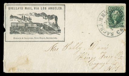 Overland Mail, Via Los Angeles, train illustrated propaganda design for the transcontinental railroad published by Hossack & Crawford, Sacramento to Kings Ferry, N.Y. with 10c
Green, Ty. V (35, small corner crease) tied by Sacramento City, Cal,