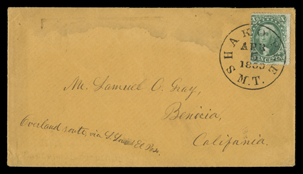 Overland route, via St. Louis & El Paso, manuscript directive on orange cover to Benicia, California with 10c Green, Ty. II (32) tied by perfectly struck Shakopee, M.T.Apr 5,
1859 Minnesota Territory datestamp, carried from Tipton, Missouri b