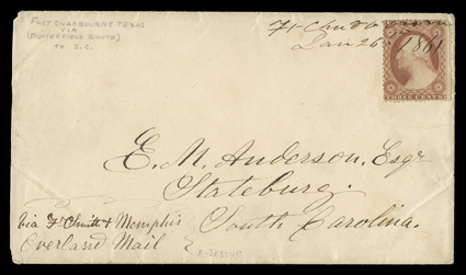 Via Fort Smith & Memphis, Overland Mail, manuscript directive on cover to Stateburg, South Carolina with 3c Dull red (26) tied by manuscript Ft. Chadbourne (Texas)Jan 26, 1861
postmark, very fine ex-Haas.Fort Chadbourne, Texas was establ