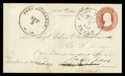 Fort Buchanan, N.M., Sep 3, well struck datestamp and manuscript Via Overland Mail directive on 3c Red entire (U9) to Fort Davis, Texas, forwarded to Eagle Pass, Texas with
clear Fort Davis, TexasSep 9, 1860 datestamp and manuscript forwd