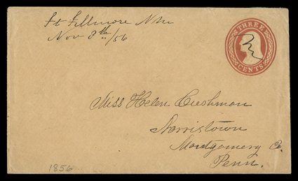 Fort Fillmore, N.M., Nov 8th56, manuscript New Mexico Territory postmark on 3c Red on buff entire to Norristown, Pa., fresh and very fine believed to be the only recorded
manuscript postmark.Fort Fillmore was a way station on the Butterfiel