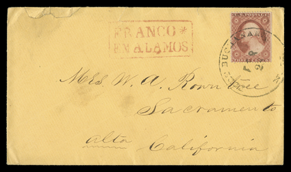 Fort Buchanan, New Mexico Territory yellow cover originating in Mexico with red boxed Franco*en Alamos postmark and their matching 3 reales rate handstamp on reverse, entered
the U.S. mails with 3c Dull red (26) tied by clear strike of For