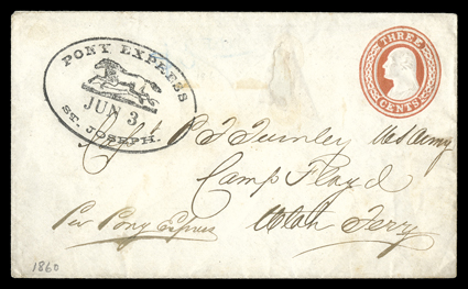 Pony Express, St. Joseph, Jun 3 (1860), perfectly struck running pony handstamp on 3c Red entire (U9) to Camp Floyd, Utah Territory, endorsed Per Pony Express and with light
blue pencil $5.00 express rate, cover with small repaired hole, ext