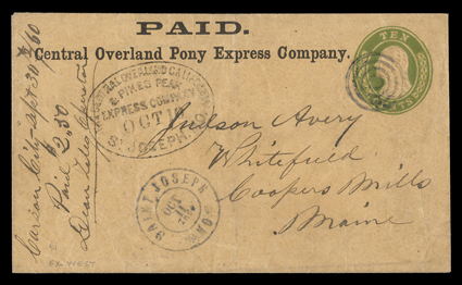Paid Central Overland Pony Express Company, printed Pony Express frank on eastbound 10c Green on buff entire (U18) to Coopers Mills, Maine, manuscript Carson City - Sept 3060,
Paid $2.50, Dean Teleg Operator notation at left of the agent at C