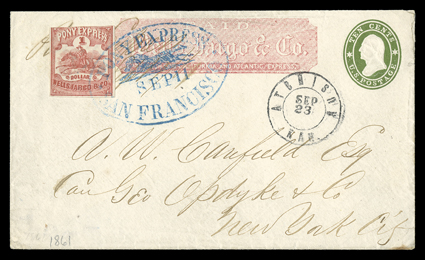 Pony Express, San Francisco, Sep 11 (1861), clear blue running pony handstamp tying Wells, Fargo & Co. $1.00 Red (143L3), large margins to in at top, to 10c Green entire (U32)
with red Wells, Fargo & Co. printed frank to New York City, with ori