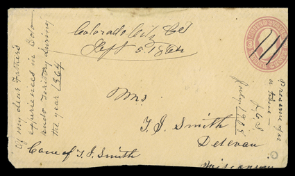 [Indian War on the Central Overland Mail Route] 3c Pink on buff entire (U35) to Delevan, Wisconsin with manuscript Colorado City, C.T.Sept 5, 1864 postmark, with original
letter giving vivid descriptions of Indian depredations along the overl