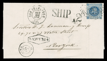 [Ship mail from South America to New York via the Central Overland Stage Route], three Lanman & Kemp correspondence folded letters with integral address leaves, all carried by
the same steamer from Valparaiso, Chile, Lima, Peru and Guayaquil, Ecu