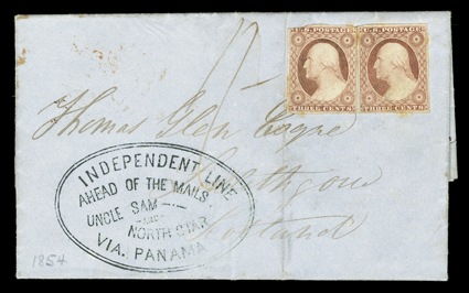 Independent Line, Ahead of the Mails, Via Panama, Uncle Sam and North Star, large clear double oval handstamp on folded letter with integral address leaf to Scotland datelined
at San Francisco 1st Sep 1854 and franked by two 3c Dull red (1