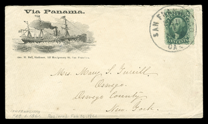 Via Panama, steamship illustrated printed directive published by Geo. H. Ball of San Francisco on cover to Oswego, N.Y. with 10c Green, Ty. V (35) tied by San Francisco,
Cal.Feb 1, 1861 datestamp, extremely fine and handsome.