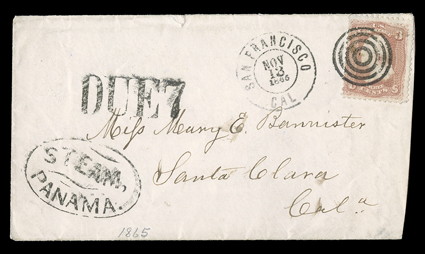 STEAM,MAZATLAN. and STEAM,PANAMA., clear oval handstamps with flourishes on separate covers franked by 3c Rose (65), both with San Francisco transit datestamps and large DUE 7
handstamps, former endorsed Mazatlan, Mex.U.S. Stmr Resaca
