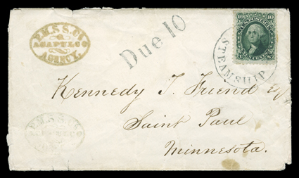 P.M.S.S.Co., Acapulco Agency, red oval Pacific Mail Steamship Company handstamp struck twice on cover with original letter datelined Acapulco July 28th, 1862 in which the
writer states The return steamer touches at this point this evening so