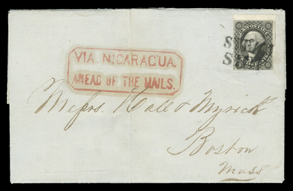 Via Nicaragua, Ahead of the Mails, beautifully struck red boxed handstamp on double rate folded letter with integral address leaf to Boston, datelined San Francisco Sept 1st
1853, entered the mails with top sheet-margin 12c Black (17), other m