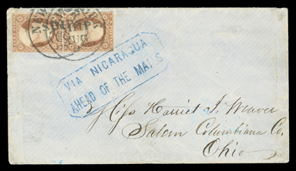 Via Nicaragua, Ahead of the Mails, well struck boxed handstamps in blue and in red on separate covers, former tying vertical pair 3c Dull red (11, trivial corner crease), ample
to large margins all around, to cover to Salem, Ohio that entered th
