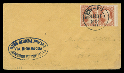 Stmr. Sierra Nevada, Via Nicaragua, Advance of the Mails, bold indigo handstamp on buff cover to Russia, N.Y., entered the mails with right sheet-margin horizontal pair 3c Dull
red (11), other margins large to just touching, tied by New-YorkSh
