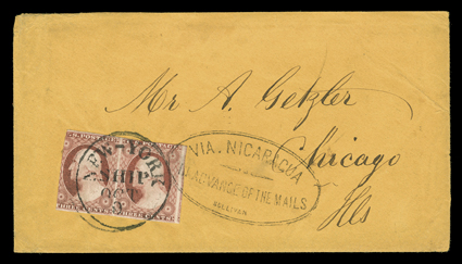 Via Nicaragua, In Advance of the Mails, Sullivan, clear oval handstamp tying horizontal pair 3c Dull red (11), huge margins to cutting, to orange cover to Chicago, entered the
mails with New-YorkShipOct 9 postmark, very fine this handstamp