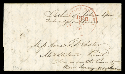 [Tehuantepec Route], two covers from Webster correspondence to Middletown Point, N.J. address, first an Oct 28, 1853 folded letter with integral address leaf with manuscript
Isthmus of TehuantepecTehuantepec Mexico endorsement, carried private