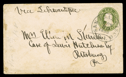 Via Tehuantepic, manuscript directive on 10c Green entire (U15) to Pittsburgh, Pa. cancelled by San Francisco, Cal.Nov 20, 1858 datestamp, negligible staining,
fine.
