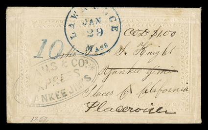 Adams & Co.s Express, Yankee Jims, double oval handstamp on embossed ladies inbound cover originating with blue Lawrence, Mass.Jan 29 postmark and handstamped 10 rate,
addressed to Yankee Jims where it was picked up and forwarded by Adams