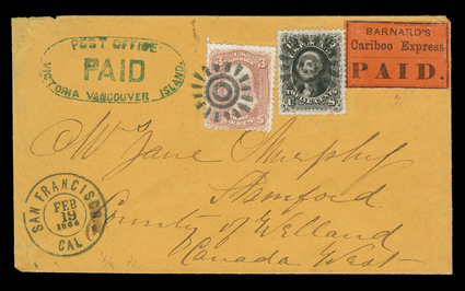 Barnards Cariboo Express, Paid black on red adhesive frank on buff cover to Stamford, Canada West, with beautifully struck blue oval Post OfficeVictoria Vancouver IslandPaid
handstamp indicating Colonial Postage paid, United Sates 3c Rose (