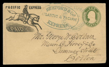 Berford & Co.s, Atlantic & Pacific Express, large blue oval handstamp on Pacific Express franked 10c Green on buff entire (U18) to Boston, blue double circle Pacific Express,
San FranciscoDec 7 datestamp, turned it over to Berford for delive