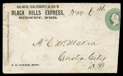 Cheyenne and Black Hills Stage Cos Express, Gilmer, Salisbury & Patrick and Gilmer, Salisbury & Co.s Black Hills Express, Sidney, Neb. corner cards on 3c Green entires, first
with Deadwood, Dak.May 7 datestamp and negative star cancel to Lex