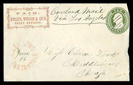 Everts, Wilson & Co.s Daily Express, Paid, red printed frank on 10c Green entire (U15) to Middleboro, Mass., endorsed Overland MailVia Los Angels, entered the mails with red
Strawberry Valley, Cal. postmark with manuscript June 18 date,