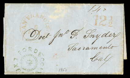 Ford & Co.s Express, green handstamp with star at center on 1851 folded letter with integral address leaf to Sacramento, entered the mails with red San Francisco, Cal.May 8
datestamp and 12½ rate handstamp, picked up at the Sacramento Post