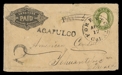 Langtons Pioneer Express, Paid, printed frank on 10c Green on buff entire (U16) to the American Consul at Tehuantepec, Mexico, entered the mails with Forest City, Cal.Aug 17
datestamp and matching Paid handstamp, incorrect manuscript 5 r