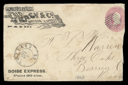 Shepherds Express, Auburn, John Days and Boise Mines, Paid, printed frank overprinted on Tracy & Co. Oregon Express frank on 3c Pink entire (U34) to Three Oaks, Michigan, with
printed Boise Express.Paid 50 Cts. at bottom left, entered the m