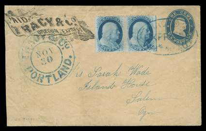 Tracy & Co. Oregon Express, Paid, printed frank on 1c Blue on buff entire (U19) carried entirely outside the mails to Salem, Oregon, uprated with right margin horizontal pair
1c Blue, Ty. V (24) tied by blue oval Tracy & Co.ExpressWalla Wall