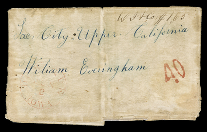 W J & Co. $1.65, unknown express company marking and charge on May 21, 1851 folded letter with integral address leaf inbound to William Everingham at Sac(ramento) City, Upper
California, a forty-niner whose wife writes that she wants him to come