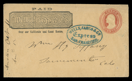 Wells, Fargo & Co., Paid, woodblock printed frank on 3c Red on buff entire (U10) to Sacramento, with bold blue Wells, Fargo & Co.ExpressSan Francisco handstamp, very
fine.