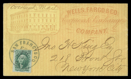 Overland Mail, manuscript directive on gorgeous all over buff on yellow Wells, Fargo & Co., Express & Exchange advertising cover showing their San Francisco offices to New York
City with well centered 10c Green, Ty. V (35) tied by San Francisco