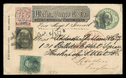 [Wells Fargo & Co. from British Columbia] Wells, Fargo & Co., Paid printed frank on 10c Yellow green on buff entire (U41) to London, England uprated with United States 2c Black
(93, stained), blue oval Wells, Fargo & Co.VictoriaFeb 1 backst