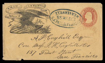 G.H. Wines & Co.s Express, California, Paid, spectacular eagle and shield design printed frank on 3c Red on buff entire (U10) to San Francisco, turned over to Rhodes & Whitney
with blue oval Rhodes & WhitneysExpressWeaverville handstamp, w