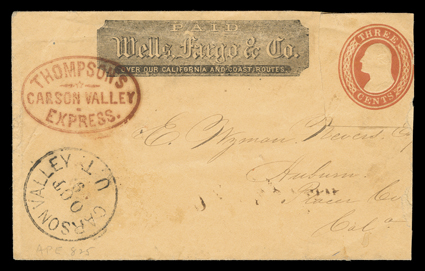 Thompsons Carson Valley Express, bold red ornamented handstamp on 3c Red on buff entire (U10) carried over the Sierra Nevada to Auburn, California with Wells, Fargo & Co.
printed frank, entered the mails with clear Carson Valley, U.T.Oct 9 d