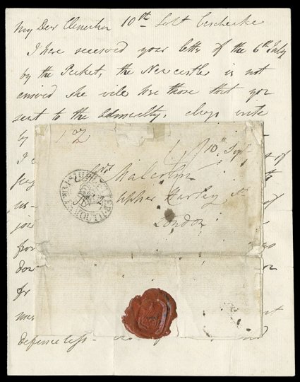 [The Attack on Baltimore] September 12-14, 1814 folded cover with long ten page letter to London written while on board HMS Royal Oak in the Chesapeake near Baltimore, arrived
in England with double oval crowned Ship LetterPortsmouth handstamp