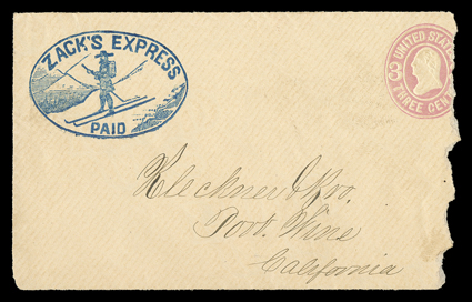 Zacks Snow Shoe Express collection, comprised of one of only three recorded examples (all are on fronts) of blue oval Zacks Express, Paid show shoe expressman in the mountains
illustrated printed frank on 3c Pink on buff front only (U35) to